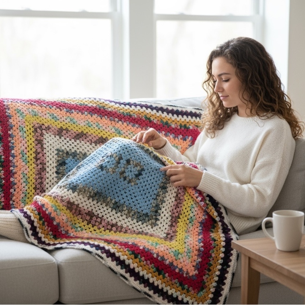 Handmade Crochet Afghan 56x60 Multicolor Granny Stitch Throw Blanket